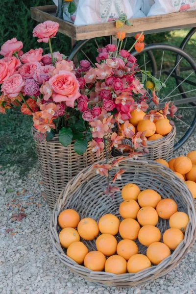 Citrus wedding decor styled as a market cart wedding display, bright oranges heaped on the cart along a gravel path beside a trimmed hedge.
